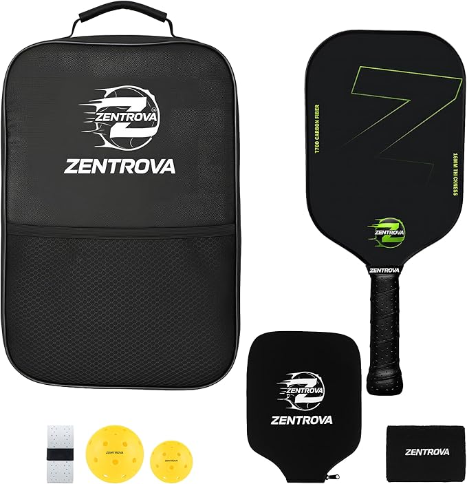 ZENTROVA Carbon Fiber Pickleball Paddle, Lightweight T700 Raw Carbon Surface Pickleball Paddle 16mm Thickness with 2 Pickleballs, Paddle Cover, Wristband, Grip Tape & Carrying Case - for Men & Women