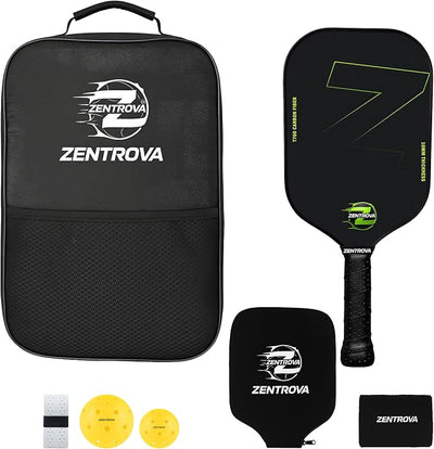 ZENTROVA Carbon Fiber Pickleball Paddle, Lightweight T700 Raw Carbon Surface Pickleball Paddle 16mm Thickness with 2 Pickleballs, Paddle Cover, Wristband, Grip Tape & Carrying Case - for Men & Women