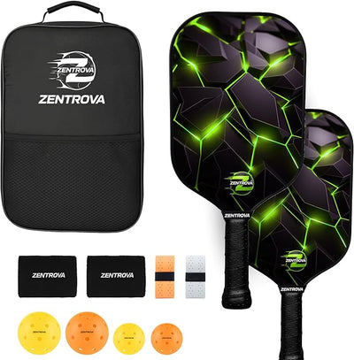 Zentrova Pickleball Paddles Set of 2, Fiberglass Surface w/PP Honeycomb Core Pickleball Rackets, Lightweight Pickle Ball Paddle w/4 Balls, 2 Overgrips 2 Wristbands & Carry Bag – for Men & Women