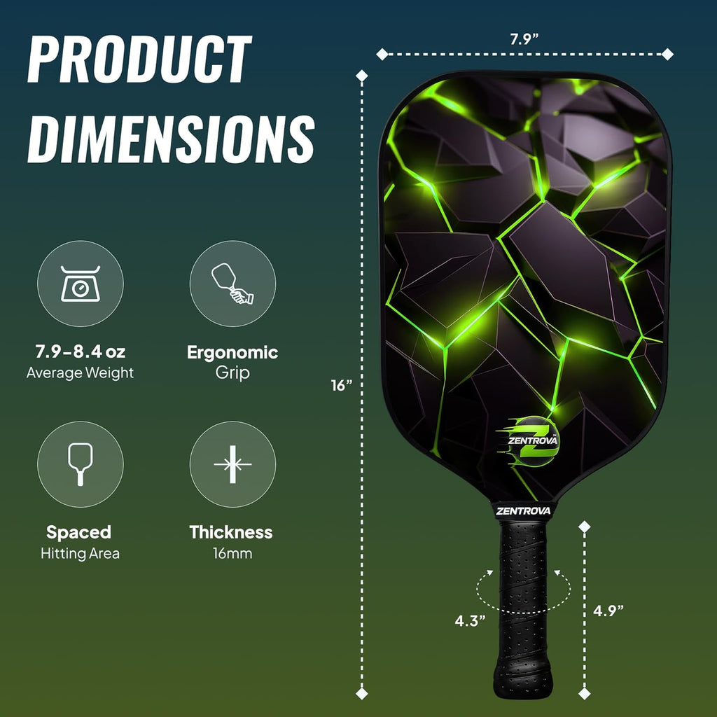 Zentrova Pickleball Paddles Set of 2, Fiberglass Surface w/PP Honeycomb Core Pickleball Rackets, Lightweight Pickle Ball Paddle w/4 Balls, 2 Overgrips 2 Wristbands & Carry Bag – for Men & Women