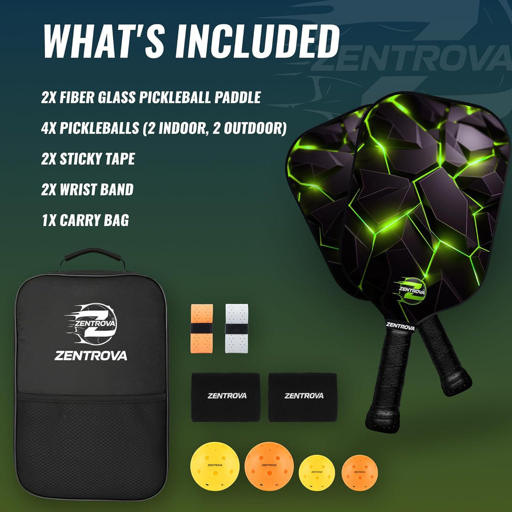 Zentrova Pickleball Paddles Set of 2, Fiberglass Surface w/PP Honeycomb Core Pickleball Rackets, Lightweight Pickle Ball Paddle w/4 Balls, 2 Overgrips 2 Wristbands & Carry Bag – for Men & Women
