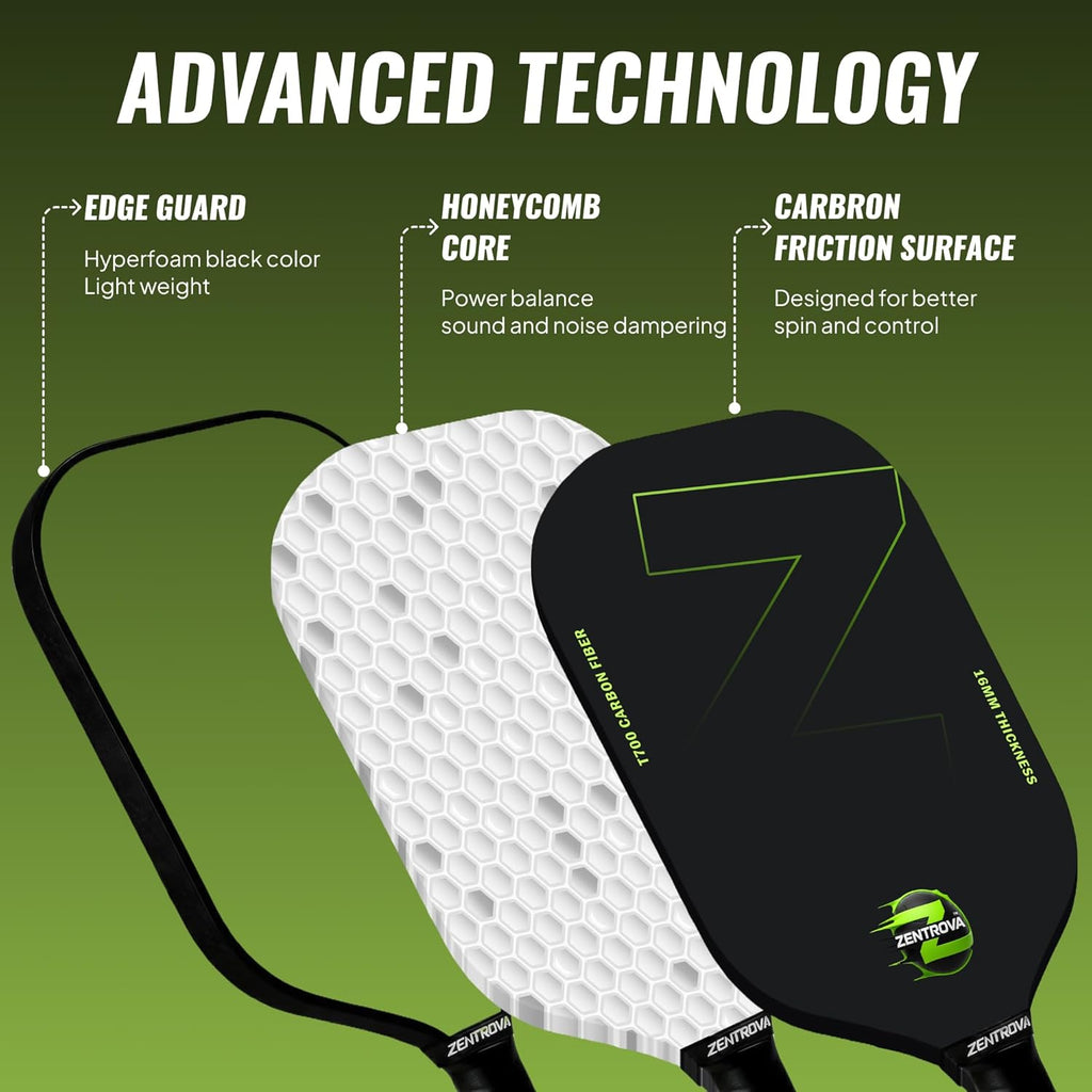 ZENTROVA Carbon Fiber Pickleball Paddle, Lightweight T700 Raw Carbon Surface Pickleball Paddle 16mm Thickness with 2 Pickleballs, Paddle Cover, Wristband, Grip Tape & Carrying Case - for Men & Women