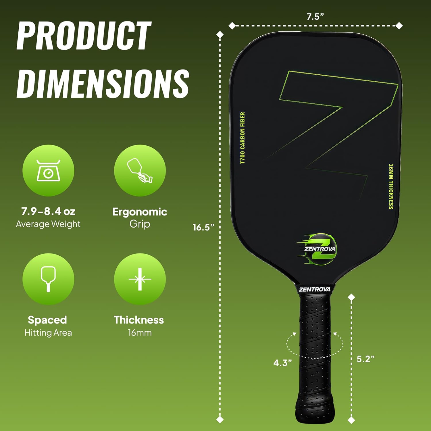ZENTROVA Carbon Fiber Pickleball Paddle, Lightweight T700 Raw Carbon Surface Pickleball Paddle 16mm Thickness with 2 Pickleballs, Paddle Cover, Wristband, Grip Tape & Carrying Case - for Men & Women