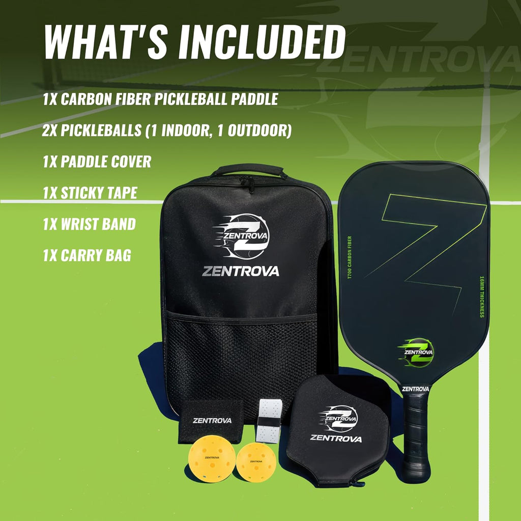 ZENTROVA Carbon Fiber Pickleball Paddle, Lightweight T700 Raw Carbon Surface Pickleball Paddle 16mm Thickness with 2 Pickleballs, Paddle Cover, Wristband, Grip Tape & Carrying Case - for Men & Women
